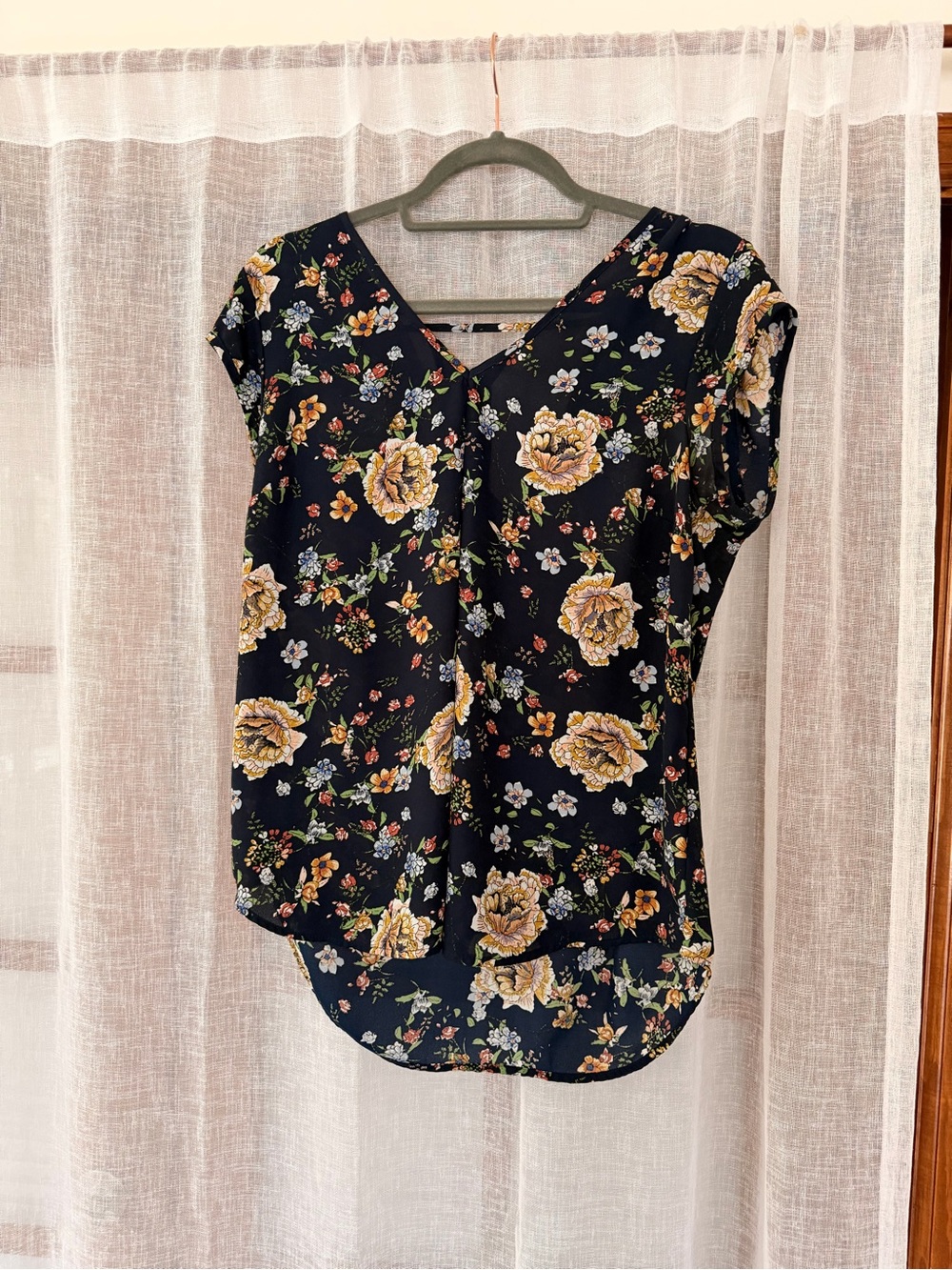 Women’s Floral V-Neck Short Sleeve Blouse - Navy with Yellow Flowers